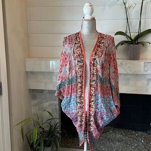 Tolani Feathers Multicolored Patchwork Print Cacoon Kimono OS